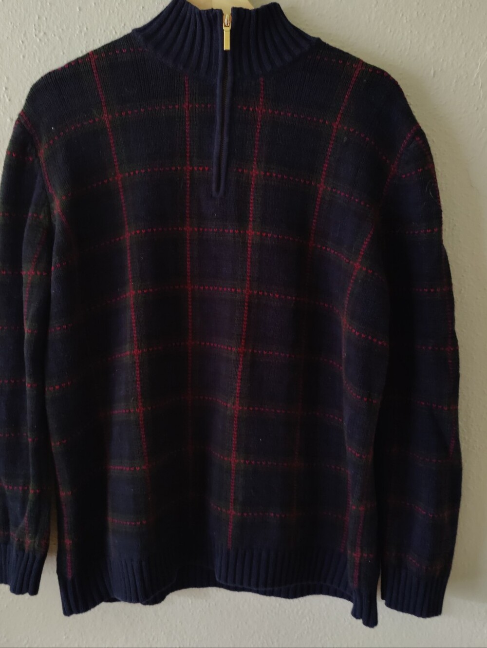 Ralph Lauren Cotton Quarter Zip Plaid Sweater Large